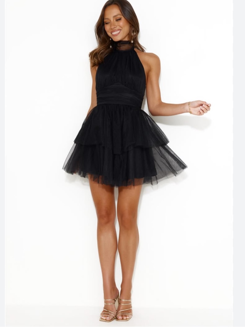 Here Comes The Sun black tulle halter ruffle mini dress